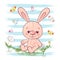 Illustration postcard cute little hare flowers and butterflies. Print on clothes and childrens room