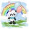 Illustration postcard cute little panda with balloons on a background of rainbow and clouds. Print on clothes and children s room