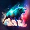Illustration of a powerful bull on a background of the night sky AI Generated