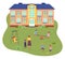 Illustration of preschool building. Children and teacher on the playground. Outdoor activity