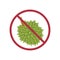 Illustration of a prohibition sign with durian fruit. Durian fruit in prohibition sign