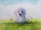 illustration puppy dog in meadow with flower and butterfly.