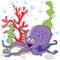 Illustration of a purple octopus under the sea near the colorful corals on a white background
