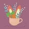 Illustration with rabbit ears, carrots and decorative flowers peeking out of a cup, easter illustration