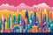 Illustration of a rainbow-colored cityscape with iconic landmarks, representing the global reach and acceptance of the LGBTQ