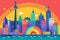 Illustration of a rainbow-colored cityscape with iconic landmarks, representing the global reach and acceptance of the LGBTQ