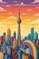 Illustration of a rainbow-colored cityscape with iconic landmarks, representing the global reach and acceptance of the LGBTQ