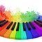 Illustration of rainbow colored piano keys, musical notes