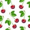 Illustration realism seamless pattern berry vinous cherry with green leaf on a white isolated background