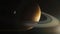 Illustration Realistic 3D graphics of sunlit Saturn and its moon