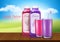 illustration of realistic juice bottles, glass. Cup, plastic transparent containers. Poster, banner for promotion