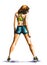 Illustration of Rear view of female athlete wearing sports bra standing in hero pose. Concept of woman power.