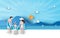 Illustration of Rear view Young family having Happy fun on the beach.People diving in rubber swim ring. Colorful pastel simple.