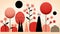 an illustration of red and black balloons and trees