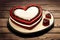 Illustration of a red heart-shaped cake with chocolate on it on a wooden background, valentine dessert, generative ai