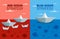 Illustration of Red Ocean and Blue Ocean Strategy Concept business marketing presentation. Paper boats on red ocean and blue ocean
