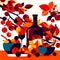 Illustration of a red wine bottle and a bowl with cherries AI Generated