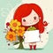 Illustration of a redhaired girl holding a blank poster and with many flowers around. Generative AI