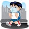 Illustration representing a student child with respiratory problems due masks