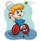 Illustration represents blond boy in a wheelchair playing tennis, Paralympic wheelchair sport, games