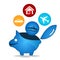 Illustration result of savings. Blue piggy bank icons.