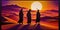 Illustration of robed men walking in the desert during sunset