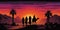 Illustration of robed men walking in the desert during sunset