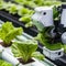 Illustration of a robotic arm gathers lettuce in a hydroponic green