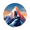 illustration of rock climber on top mountain. Circle logo.