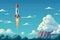 Illustration of a rocket taking off into space, flying above the clouds, pixel art. Generative AI