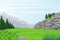 Illustration of Rocky Hill, Field, Forest and Mountains View.Vector illustration.