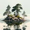 An illustration of a rocky Island with trees on it floating in the water. Created with Generative AI