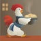 Illustration of a rooster holding a dish full of hot dumplings