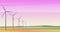 Illustration with rotation windmills for alternative energy resource in spacious field with pink sunset sky. Film camera