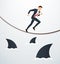 Illustration of a running businessman on rope with sharks underneath business risk chance