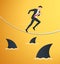 Illustration of a running businessman on rope with sharks underneath business risk chance