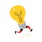 Illustration of a running light bulb. Vector. Character icon of a yellow lamp, light source. Metaphor of an idea coming to mind. C