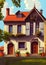 Illustration Of a Rustic European House and Lush Green Trees Under Blue Skies