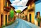 A illustration of a Rustic narrow village street with warm-colored houses, greenery, and a blue sky