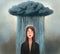Illustration of a sad unhappy girl standing under a big dark cloud and rain. Metaphor of depression, grief, psychological problems