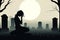 Illustration of sad woman silhouette crying sitting in front of graveyard with tombstones