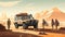 Illustration of safari jeep in the desert with group of tourist people