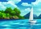 Illustration of a Sailboat and Palm-Fringed Island Paradise with Crystal-Clear Blue Waters and Lush Green Palm Trees