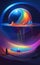 Illustration of sand abstraction in rainbow colors, dark blue space background, crystal ball, ink paint style, AI generation