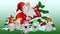 Illustration of Santa surrounded by little dwarfs in cartoon style