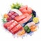 Illustration of Sashimi Set with salmon, tuna, tuna, shrimp and other fishIllustration of Sashimi Set with salmon, tuna, tuna,