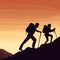 Illustration of a scene of adventure with a silhouette of a man and woman hiking up a mountain.