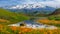 Illustration of Scenic landscape of flower meadows ,lake and mountains during spring time