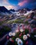 An Illustration of scenic landscape with wildflower meadow and distant mountains, AI-generated image