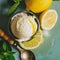 Illustration of a scoop of lemon ice cream, surrounded by fresh lemon slices and mint leaves. Refreshing summer vibe. Top view.